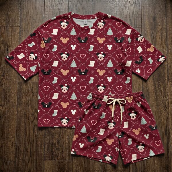 Mickey Christmas Waffle Pajama Set, Holiday Short Sleeve Shirt & Shorts Lounge Set, Red Festive Sleepwear