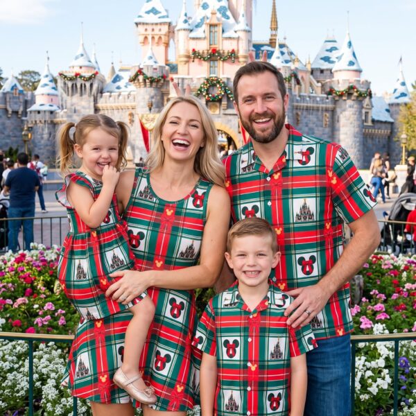Disney Christmas Family Matching Outfit, Red Green Plaid Castle Matching Dress & Shirt Set, Holiday Family Outfit