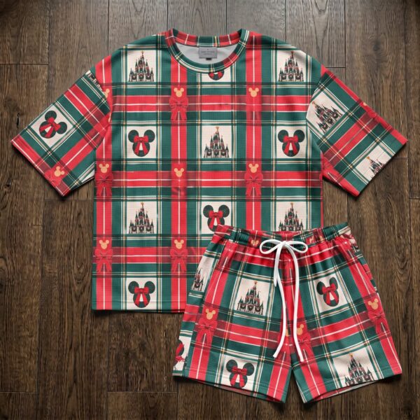 Mickey Christmas Plaid Waffle Pajama Set, Red Green Castle & Bow Short Sleeve Shirt and Shorts Lounge Set, Holiday Sleepwear