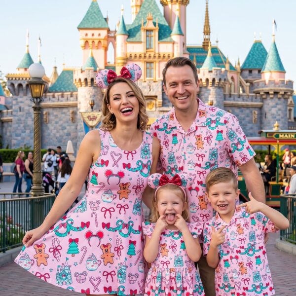 Disney Christmas Family Matching Outfit, Pink Gingerbread Holiday Dress & Hawaiian Shirt Set, Family Theme Park Christmas Outfit