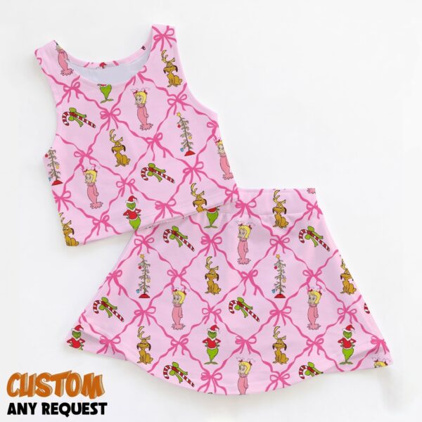 Grinch Christmas Pink Bow Tennis Dress Set, Holiday Crop Top & Skirt Outfit, Cute Christmas Matching Set
