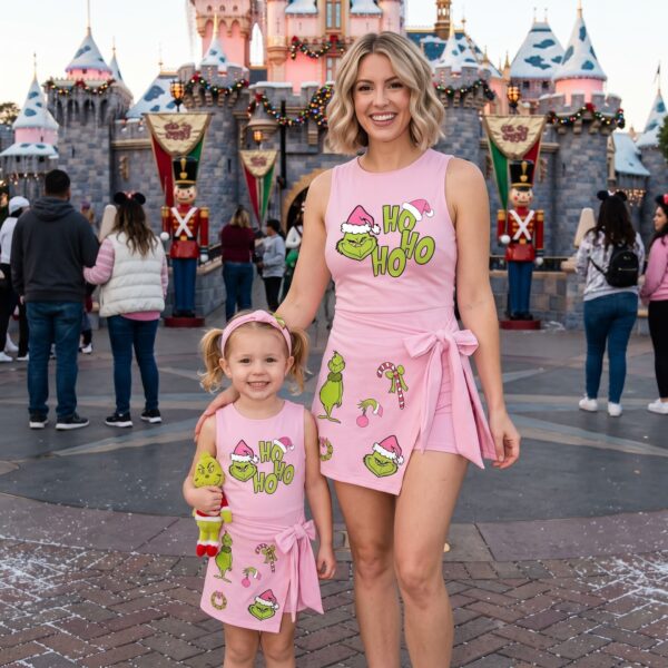 Grinch Christmas Matching Tennis Dress, Mommy and Me Holiday Outfit, Pink Festive Dress Set