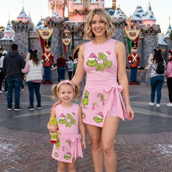 Grinch Christmas Matching Tennis Dress, Mommy and Me Holiday Outfit, Pink Festive Dress Set