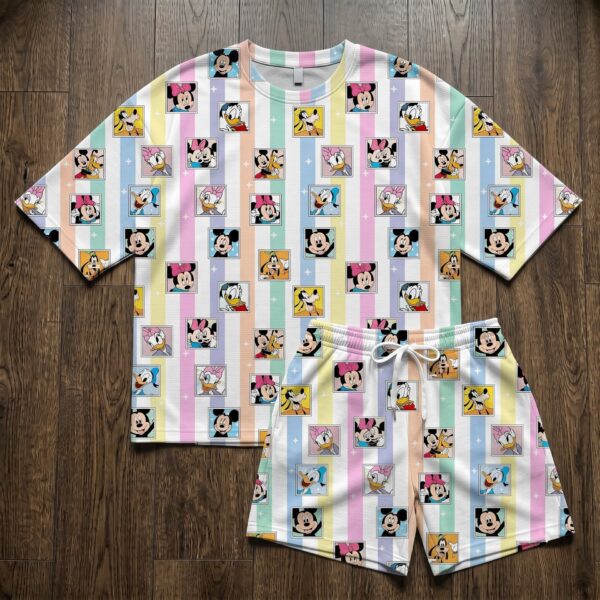 Disney Mickey & Friends Pastel Waffle Loungewear Set, Character Print Shirt and Shorts, Family Vacation Outfit