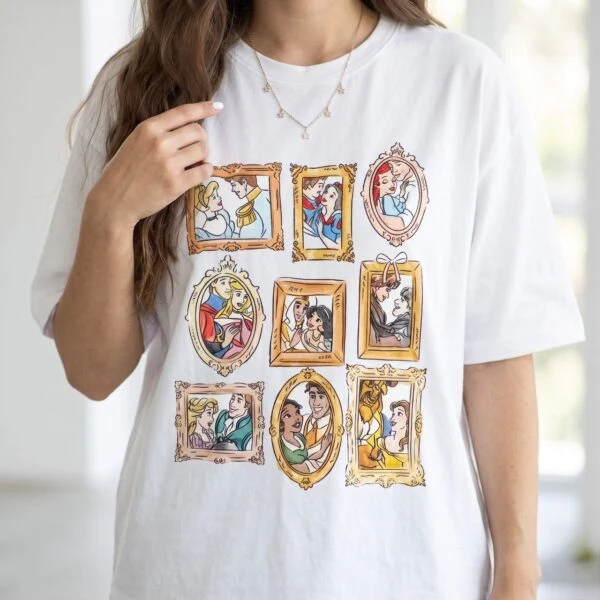 Disney Princess Portrait Frames Shirt, Cinderella Aurora Ariel Jasmine Belle & Rapunzel Picture Frame Graphic Vacation Tee