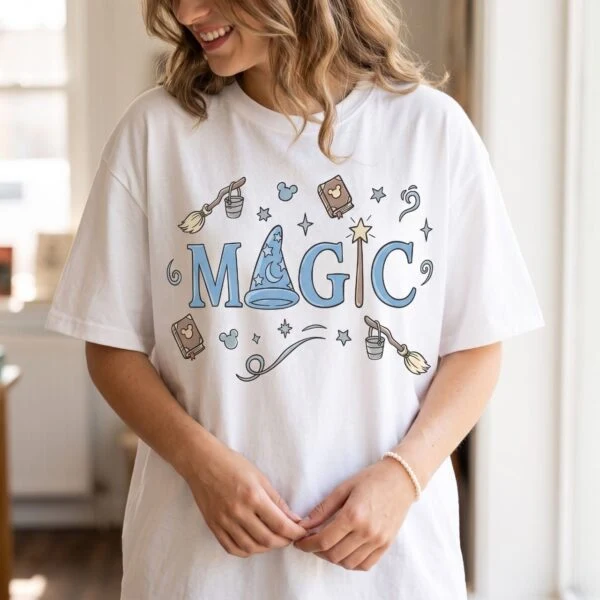 Disney Magic Sorcerer Hat Shirt, Mickey Ears Broom & Spellbook Graphic Vacation Tee