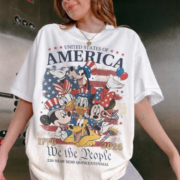 Disney America 250th Anniversary Shirt, Mickey & Friends 1776-2026 Patriotic Graphic Vacation Tee