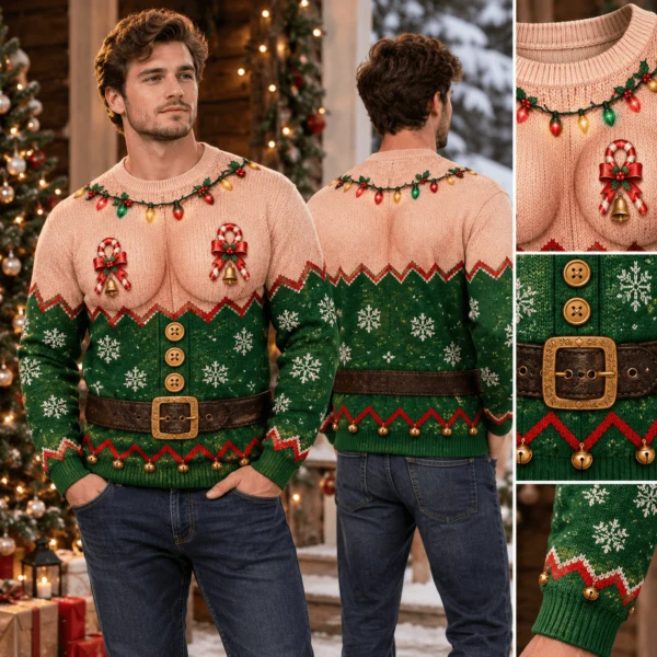 Funny Santa Abs Ugly Sweater, Hairy Chest 3D Print Holiday Party Gift
