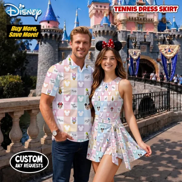 Disney Mickey & Friends Matching Couple Outfit, Pastel Checkered Hawaiian Shirt & Tennis Dress Skirt, Theme Park Outfit